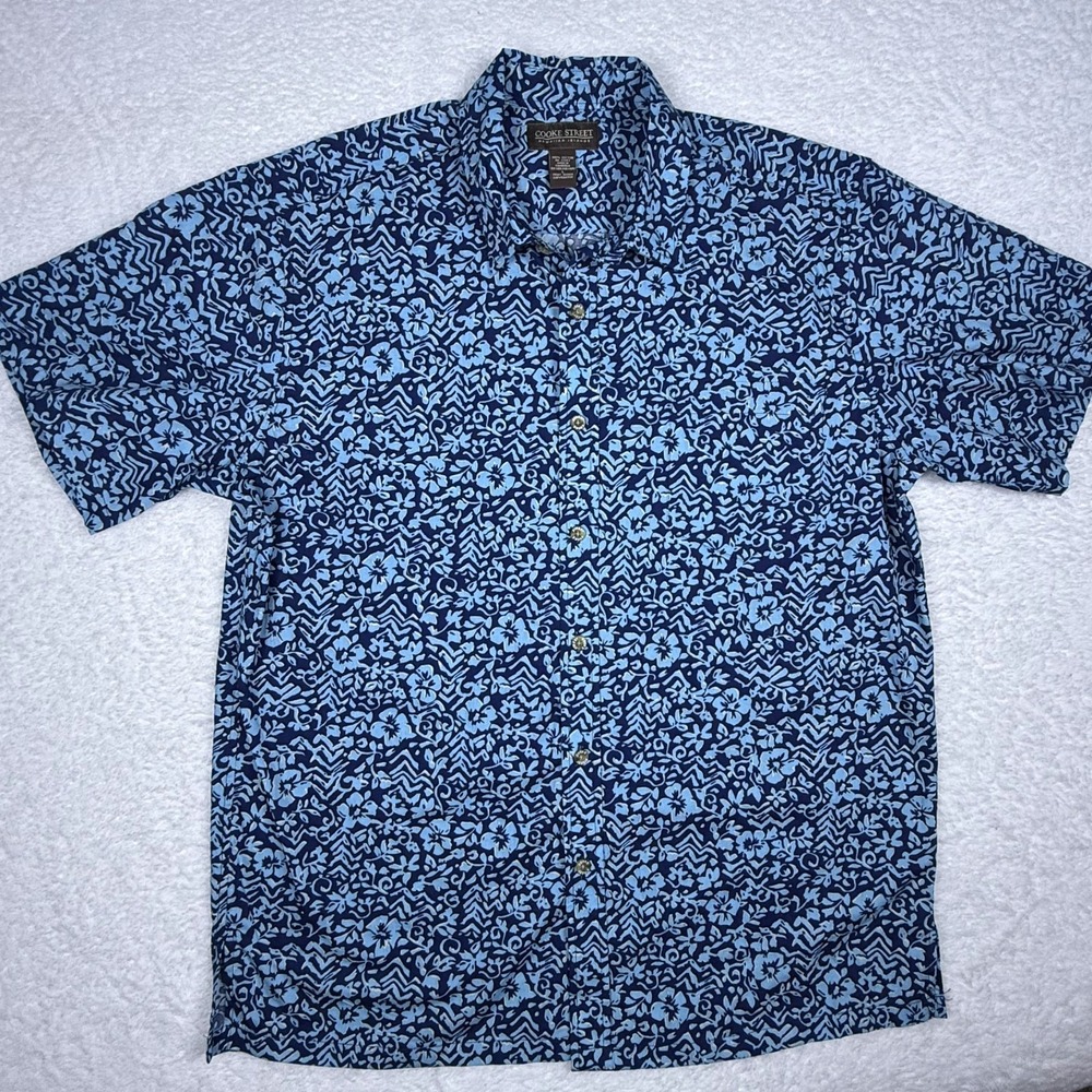 Lot of 2 Cooke Street Men's Large Blue Green Cotton Short Sleeve Hawaiian Shirts - Picture 2 of 12